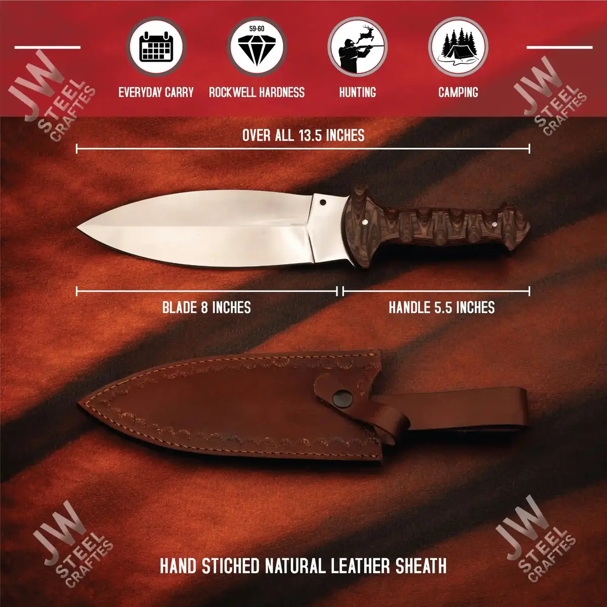 Handcrafted J2 Stainless Steel Boot Knife | Pakka Wood Handle | Leather Sheath | 13.5" Hunting Blade 2