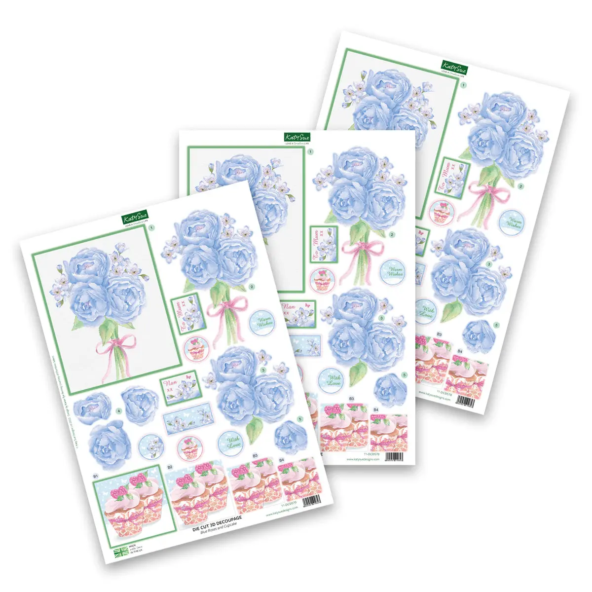 Die Cut Decoupage – Blue Roses And Cupcake (Pack Of 3) 1