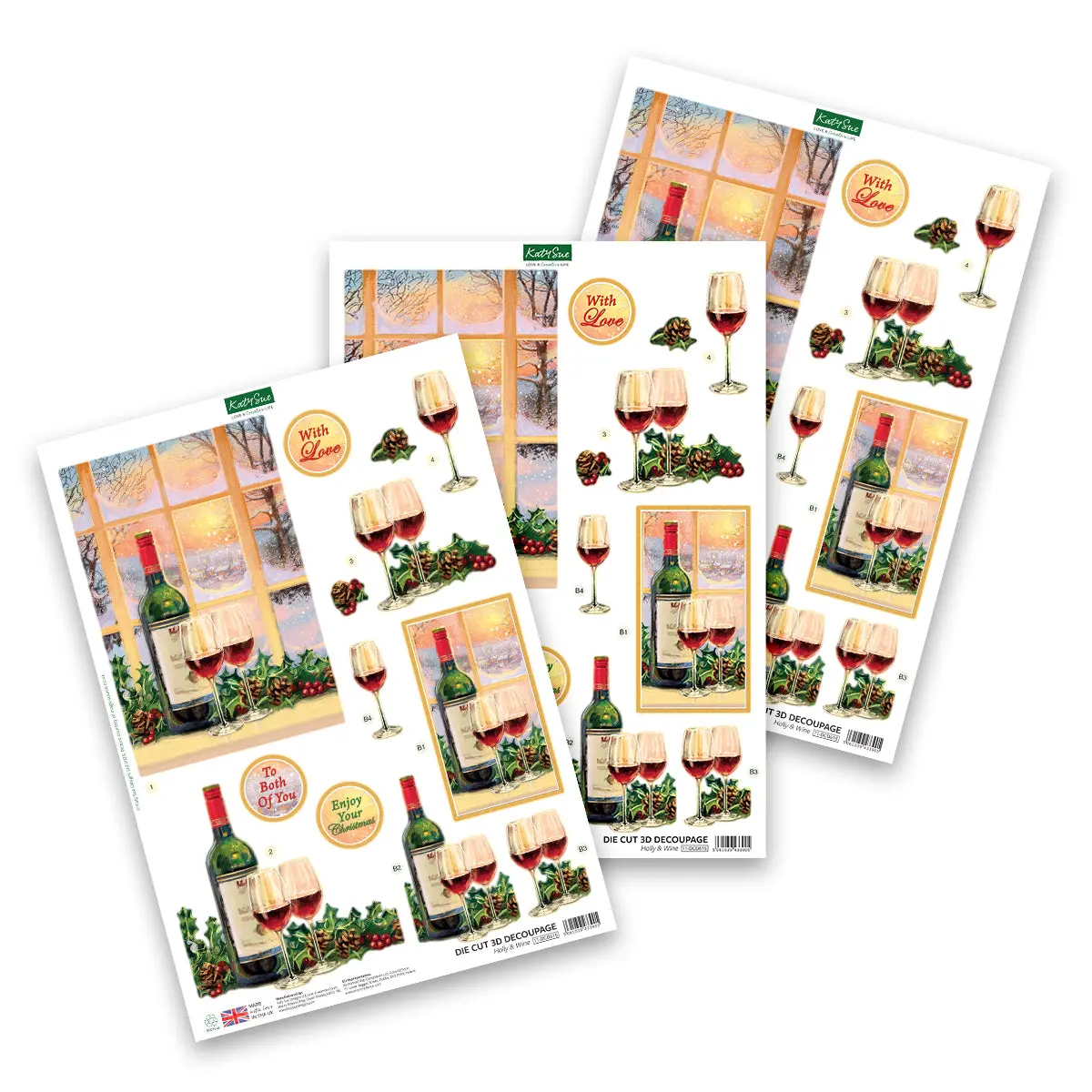 Katy Sue Designs Die Cut Decoupage – Holly & Wine (Pack Of 3) 1