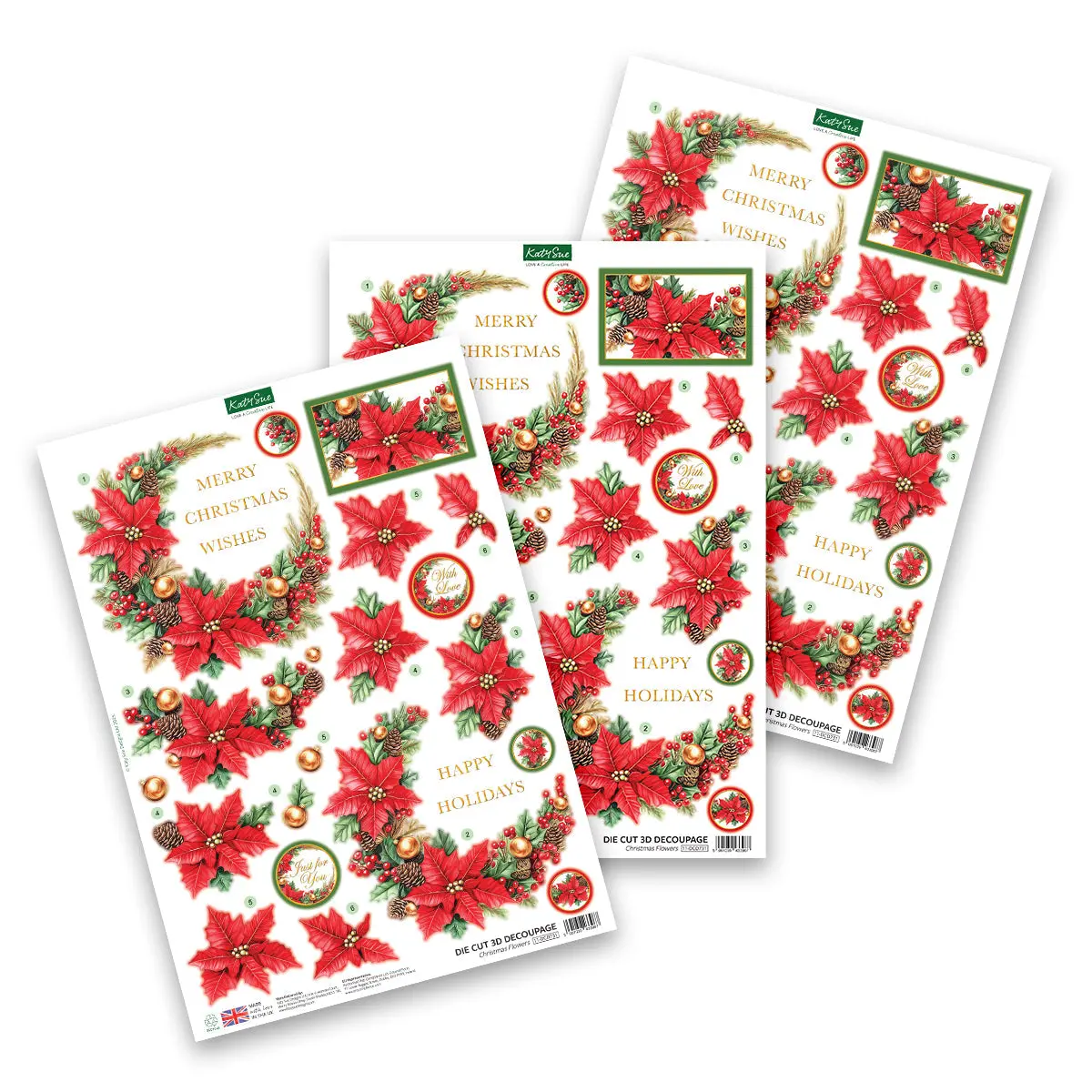 Katy Sue Designs Die Cut Decoupage – Christmas Flowers (Pack Of 3) 1