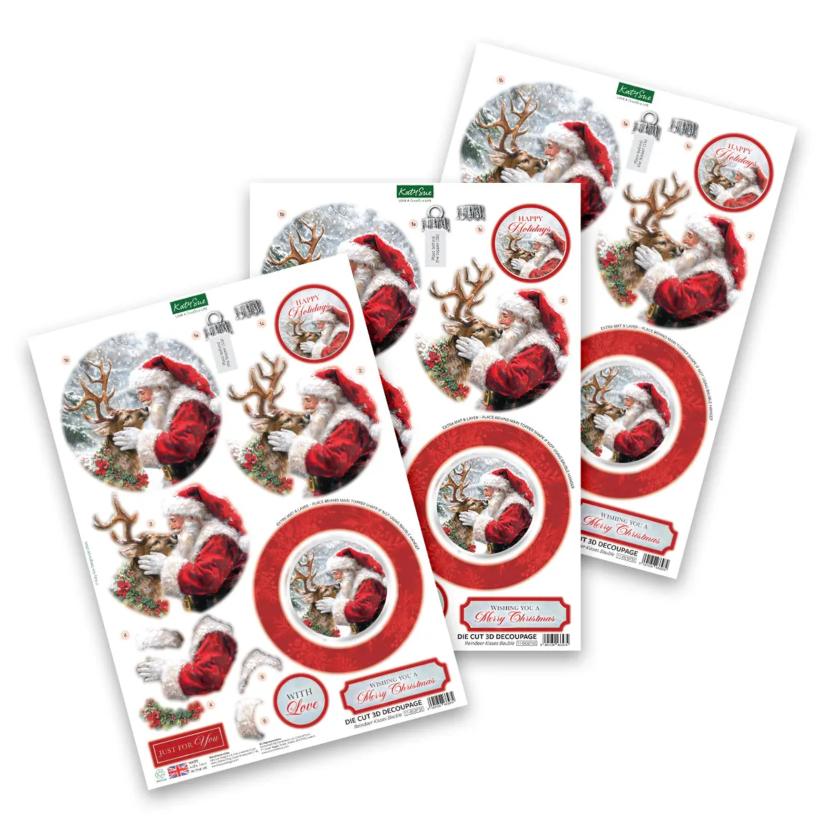 Katy Sue Designs Die Cut Decoupage – Reindeer Kisses Bauble (Pack Of 3) 1