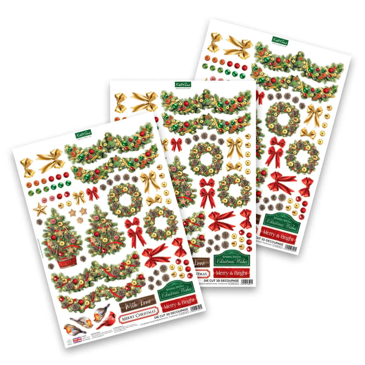 Katy Sue Die Cut Decoupage – Christmas Floral Embellishments, Traditional (Pack Of 3) 1