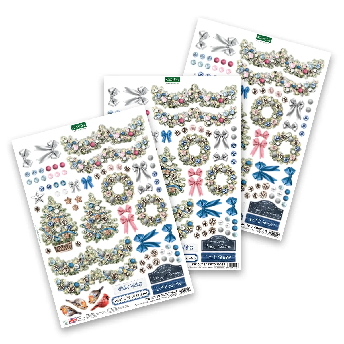 Katy Sue Die Cut Decoupage – Christmas Floral Embellishments, Winter (Pack Of 3) 1
