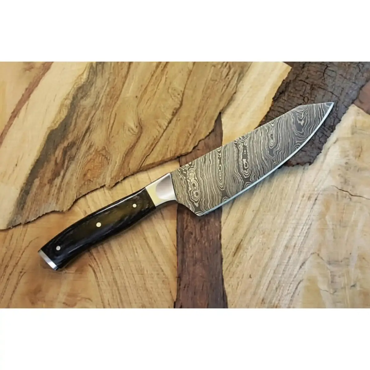 12″ Twisted Pattern Damascus Chef Knife — Steel Bolster & Polished Pommel 1