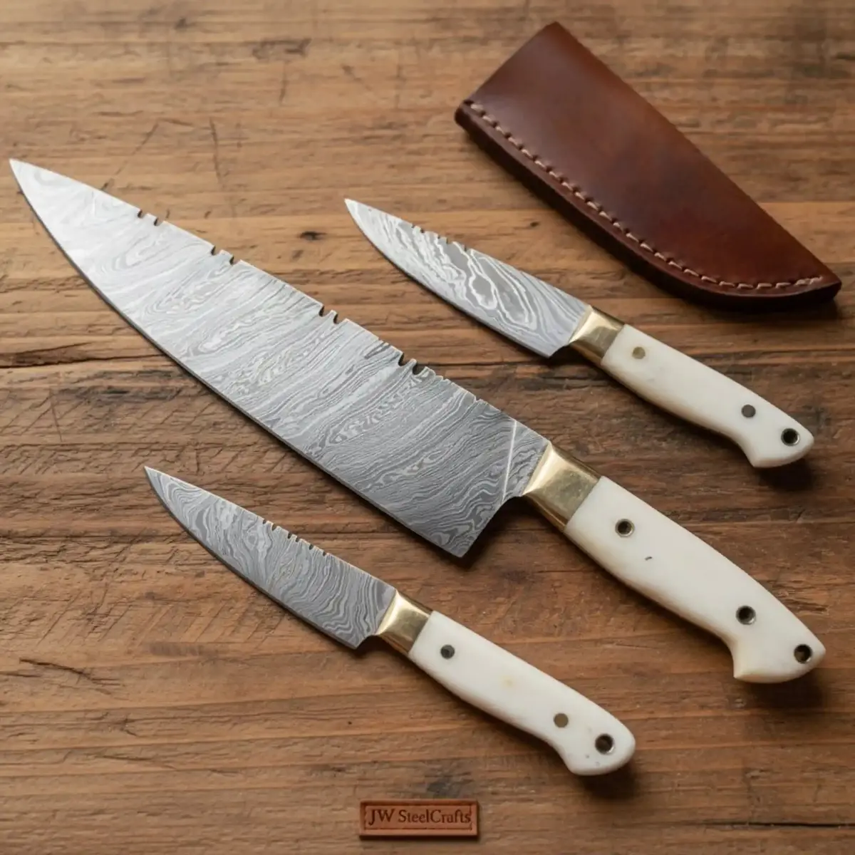 3-Piece Chinese Knife Set - White Resin Handles, Full Tang Damascus, Brass Bolsters 1