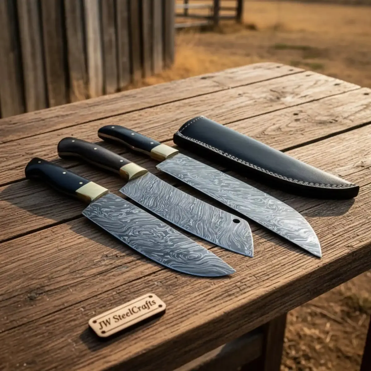3 Piece Damascus Kitchen Knife Set, Gyuto, Santoku And Utility Knife, Handmade Damascus Steel Blades With Brass Bolsters And Black Handles, Jw Steelcrafts 1
