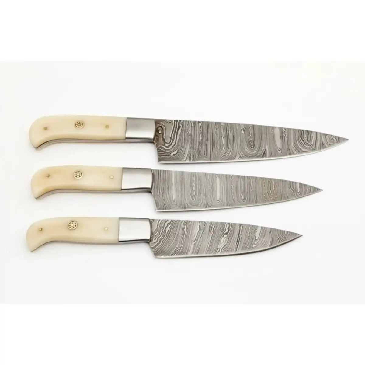 Handmade Damascus 3-Piece Kitchen Knife Set With Bone Handles, Slicing Carving And Chef Knives 1