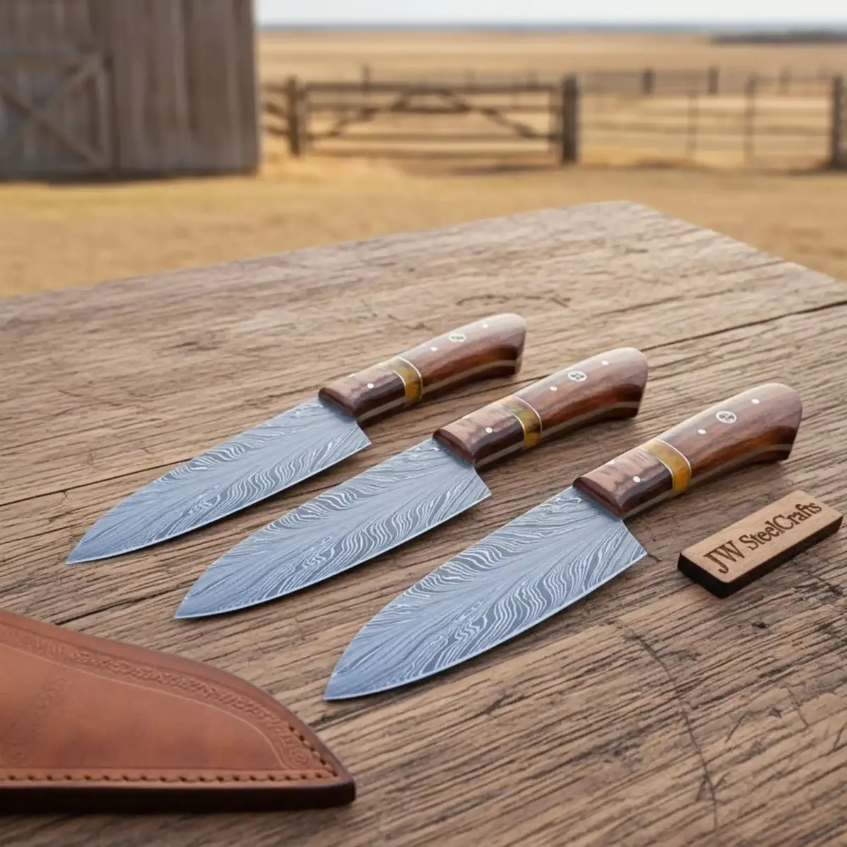 3 Piece Feather Pattern Damascus Knife Set, Handmade Chef, Santoku And Utility Knives With Pakka Wood Handles, Professional Kitchen Cutlery Set Jw Steelcrafts 1