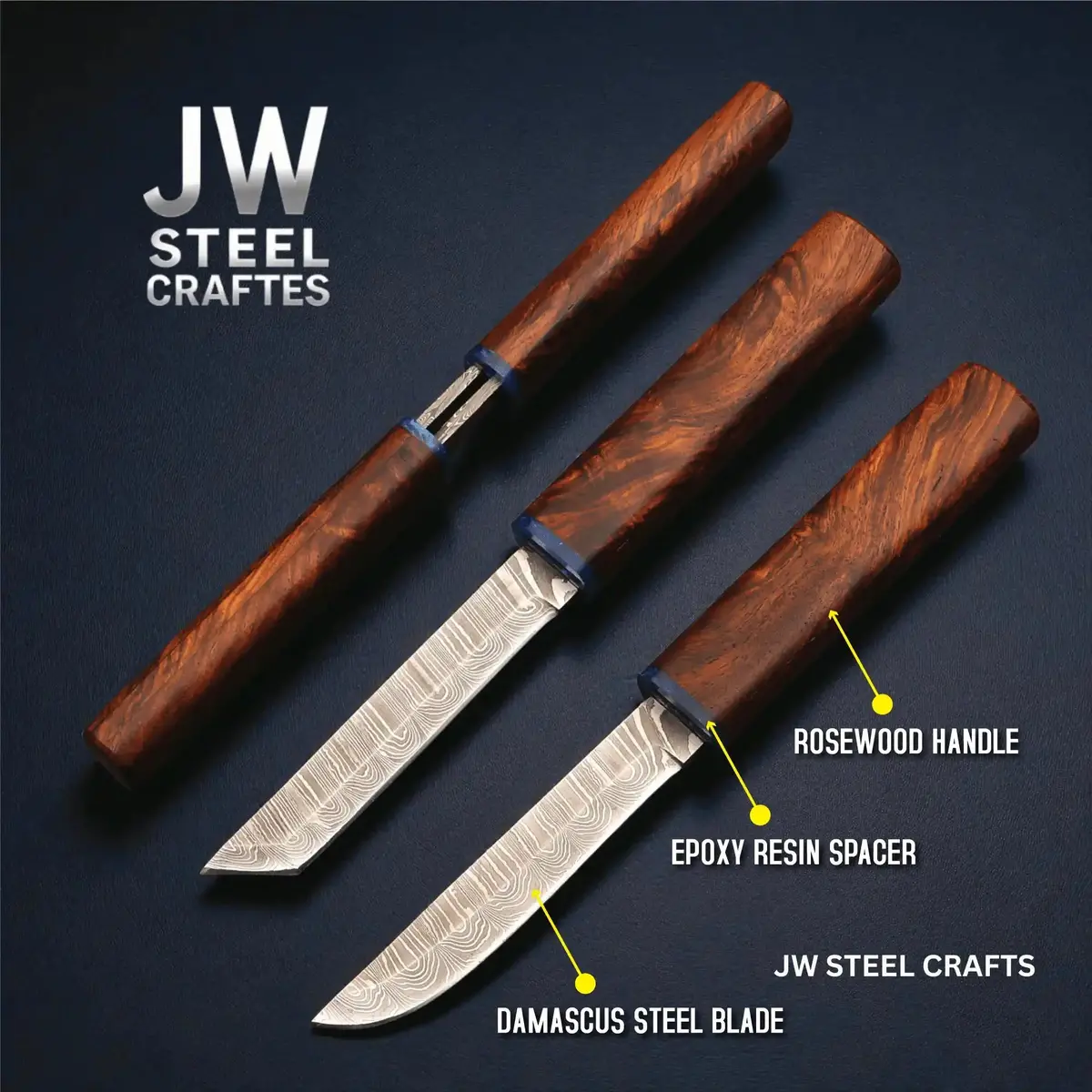 3-Piece Handmade Knife Set — 5-Inch Damascus Utility Blades With Rosewood Handles & Interlocking Scabbard 1