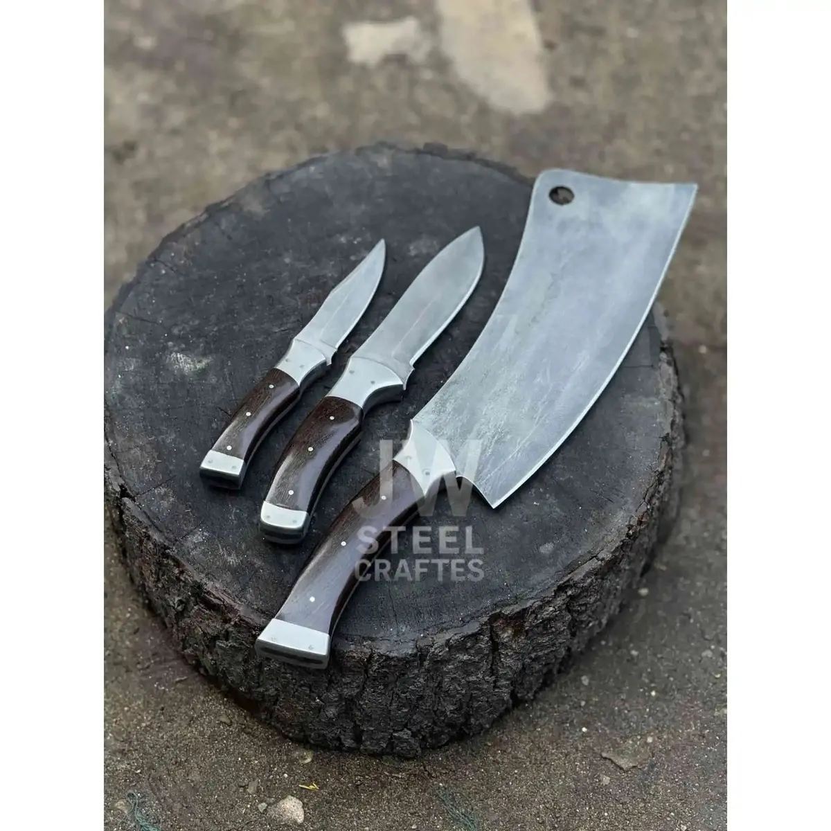 3-Piece Handmade Steel Kitchen & Outdoor Utility Knife Set – Dark Wood Handles 1