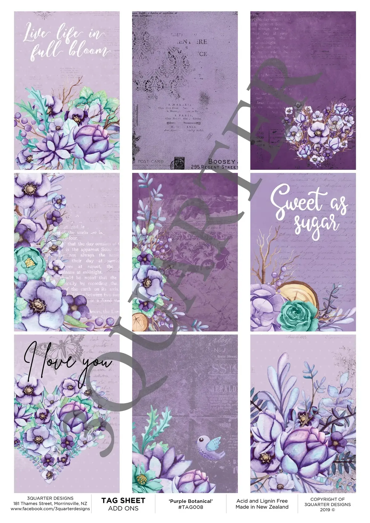 3Quarter Designs - Tag Sheet - Purple Botanical 1