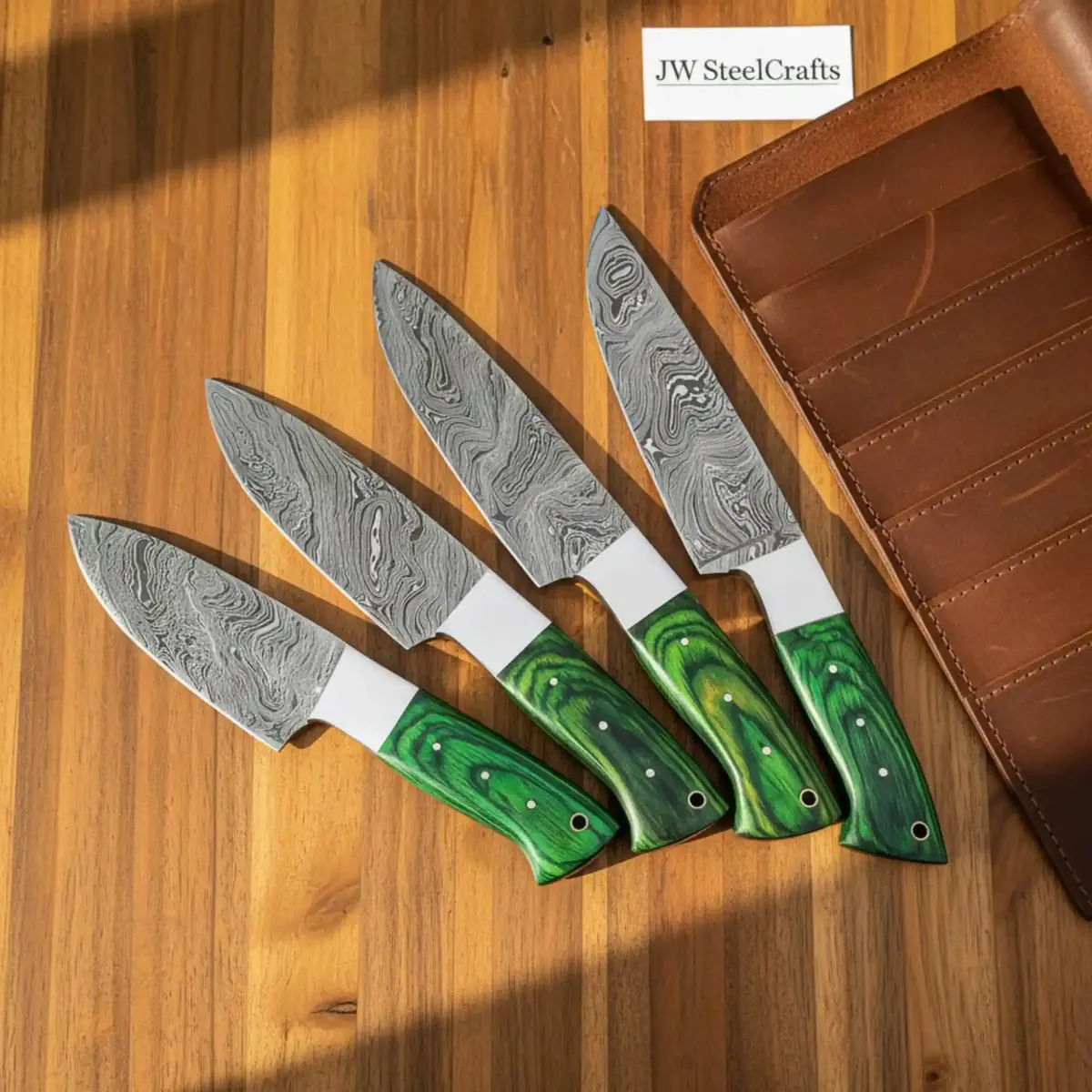 Handmade Damascus Kitchen Knife Set – Chef, Santoku, Utility Knives With Green Wood Handles 1