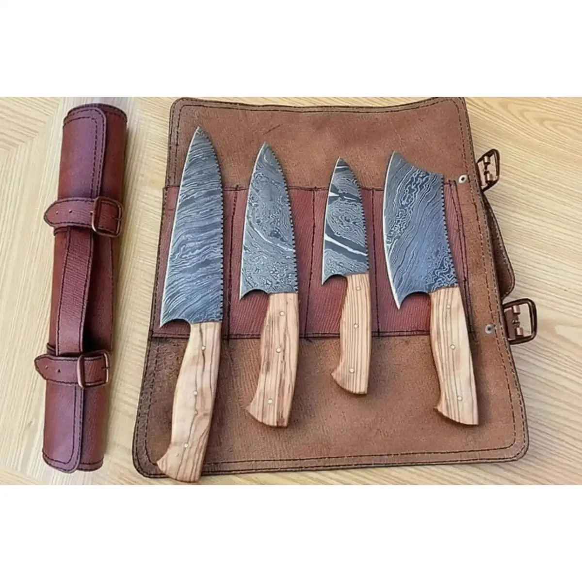 4 Piece Damascus Kitchen Knife Set With Olive Wood Handles And Leather Roll, Chef Santoku Utility And Cleaver Handmade Cooking Knives 1