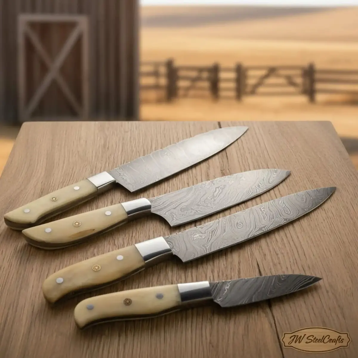 4-Piece Full Tang Damascus Bunka, Gyuto, Utility And Paring Knife Set With Bone Handles And Steel 1