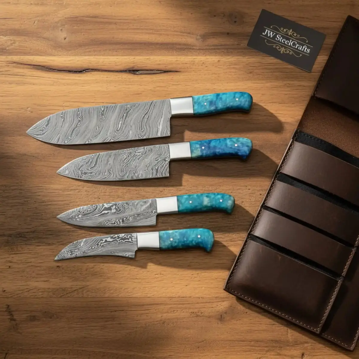 Damascus Chef Knife Set - 4-Piece Blue Resin Handles - 8” Gyuto, 6” Utility, 5” Petty & 4” Paring 1