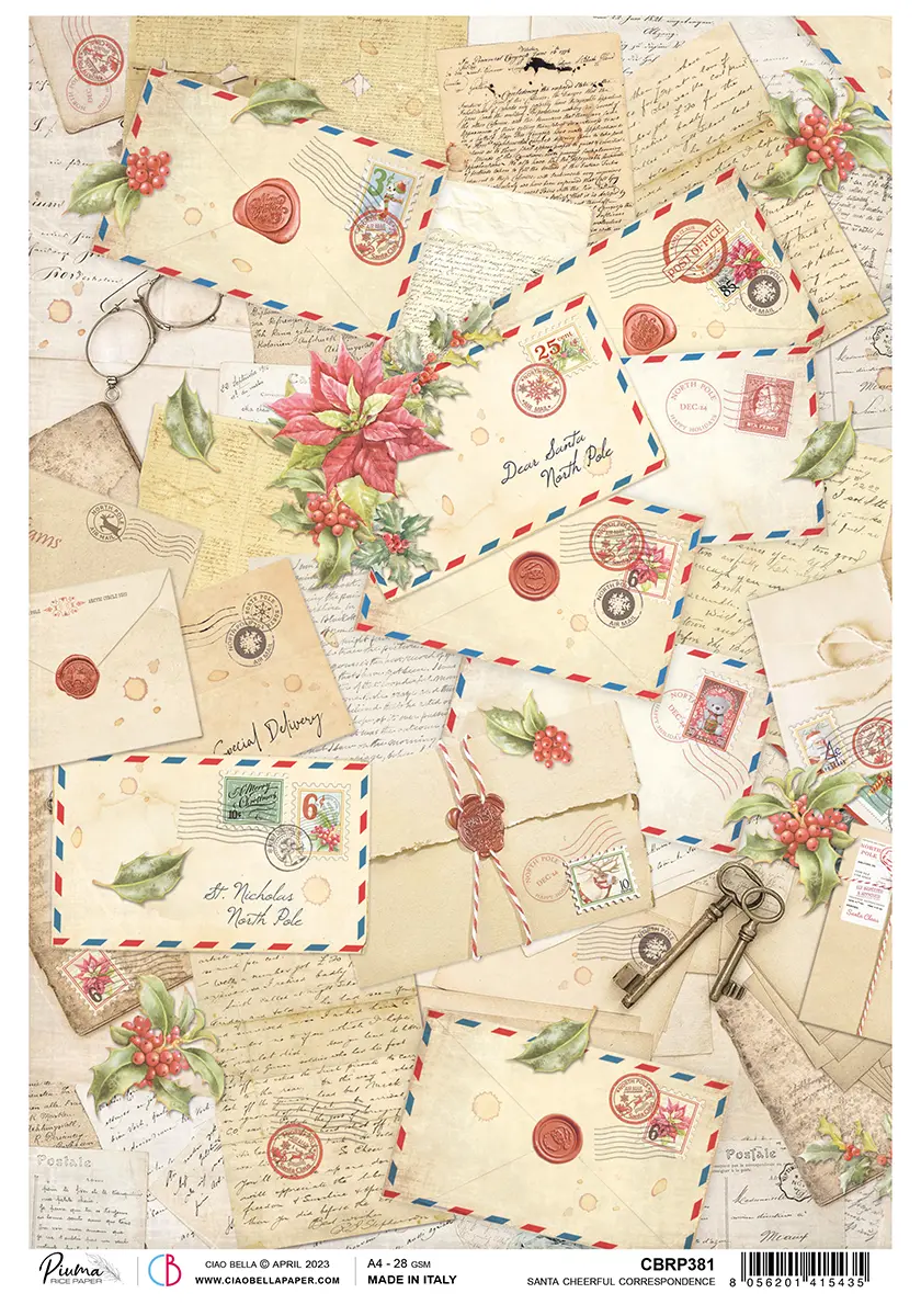 Ciao Bella Rice Paper A4 Piuma Santa Cheerful Correspondence - 5 Sheets 1