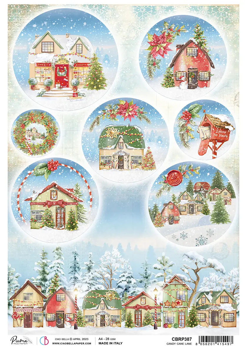 Ciao Bella Rice Paper A4 Piuma Candy Cane Lane - 5 Sheets 1
