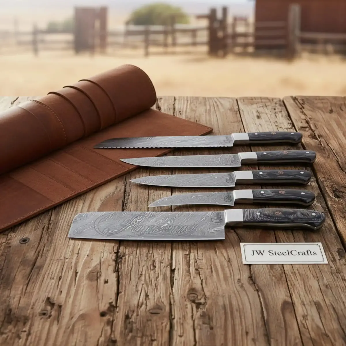 5-Piece Damascus Knife Set With Leather Roll And Black Resin Handles 1