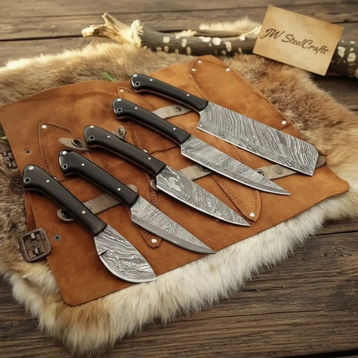 Damascus Kitchen Knife Set - 5-Piece With Black Pakka Wood Handles 1
