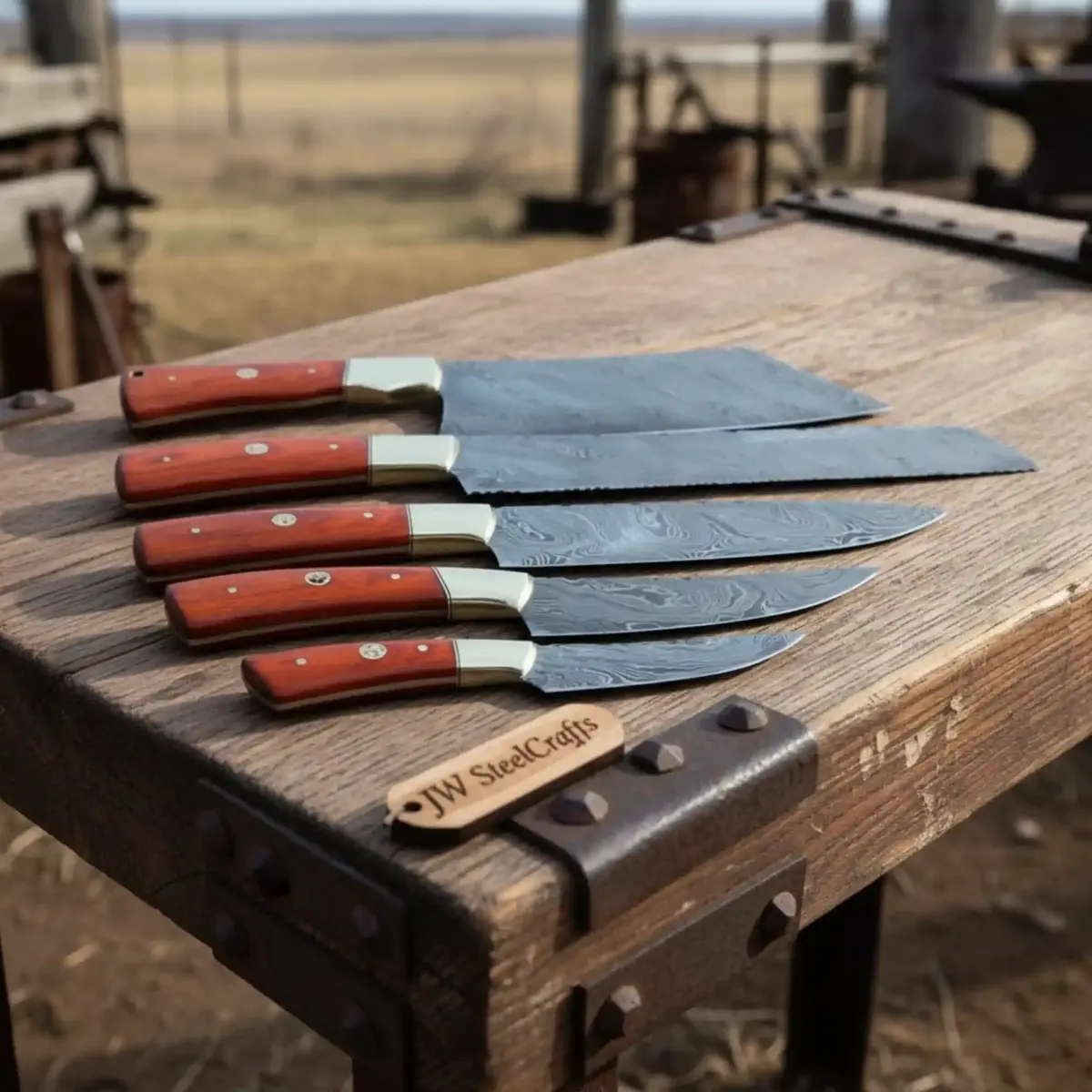 5 Piece Damascus Kitchen Knife Set With Rosewood Handles, Cleaver Bread Chef Utility And Paring Knives, Handmade Professional Cooking Set 1