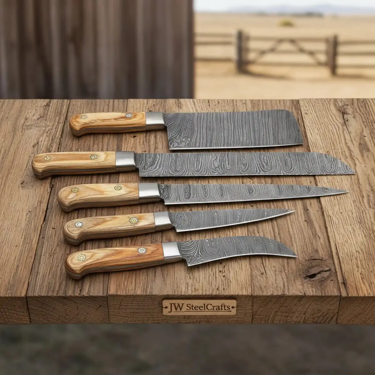5-Piece Full-Tang Damascus Set With Chinese Cleaver And Long Slicer 1