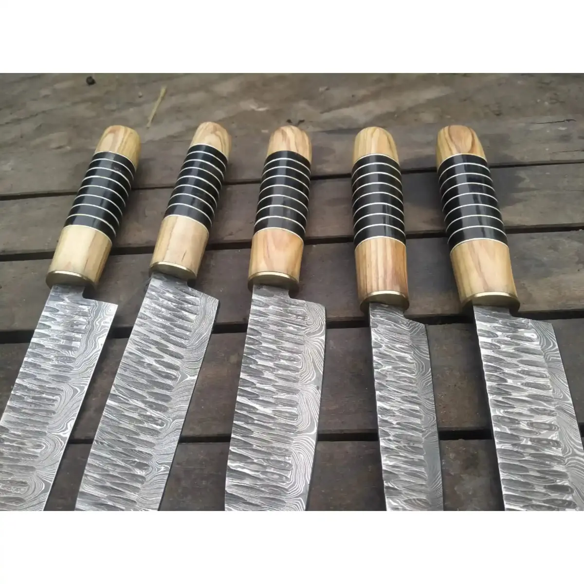 Damascus Chef Knife Set – Handmade 5-Piece Kitchen Knives With Olive Wood And Resin Handles 1