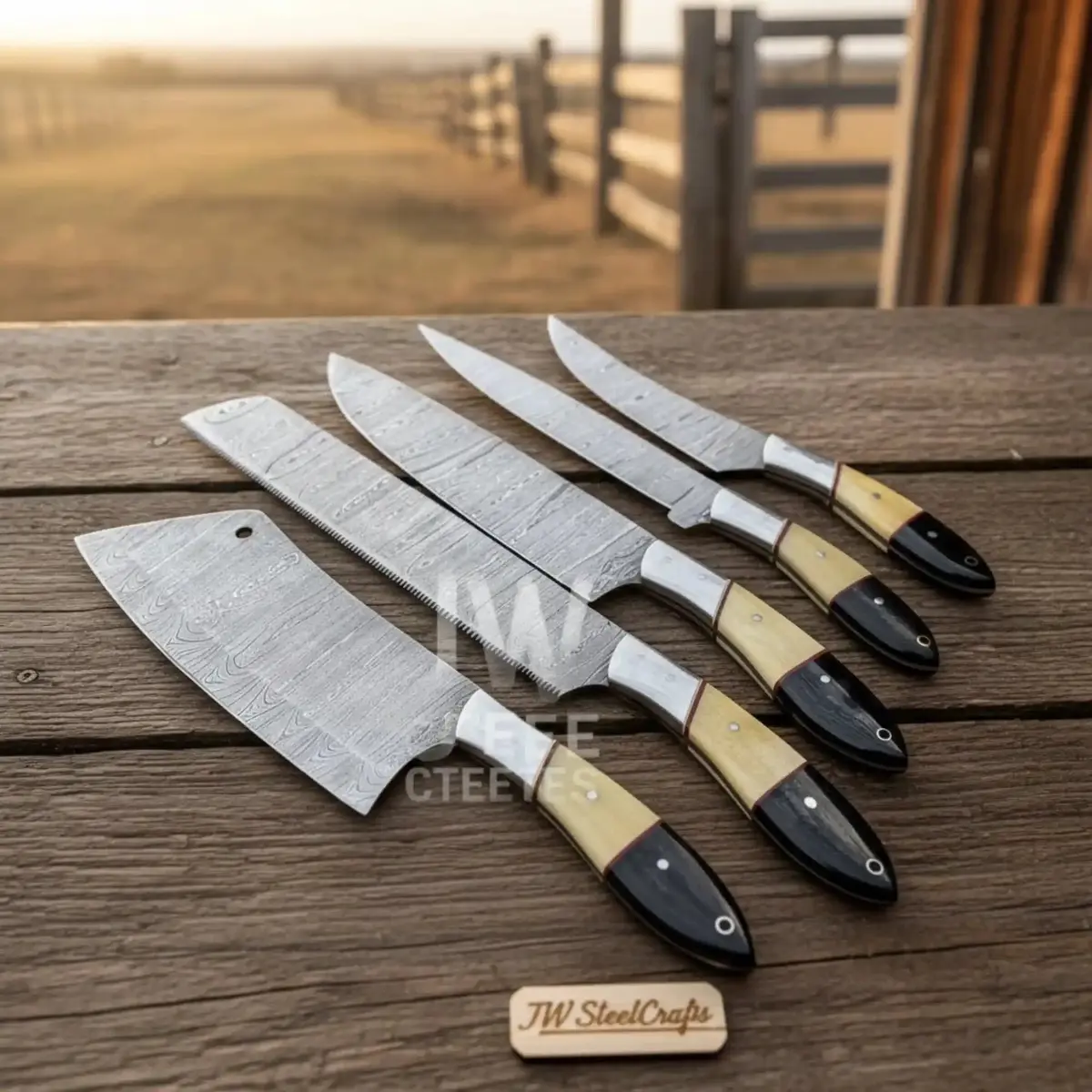 Handmade Damascus Kitchen Knife Set With Wood And Resin Handles | Precision Cutting Performance 1