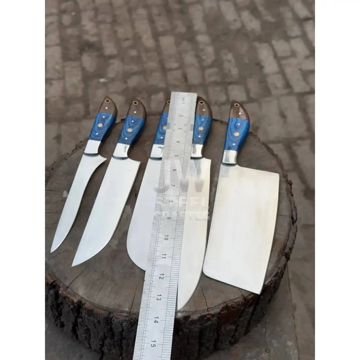 5-Pc Handmade Chef Knives — Blue Pakka Wood Handles, Stainless Blades (Cleaver + Prep Set) 1