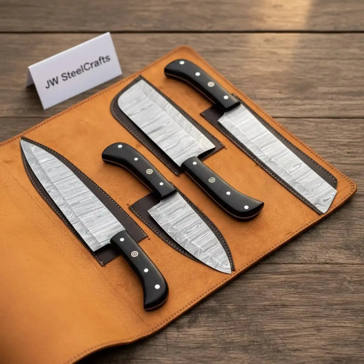 5-Piece Stainless Steel Chef Knife Set With Leather Roll | Ebony Wood Handle Knives 1