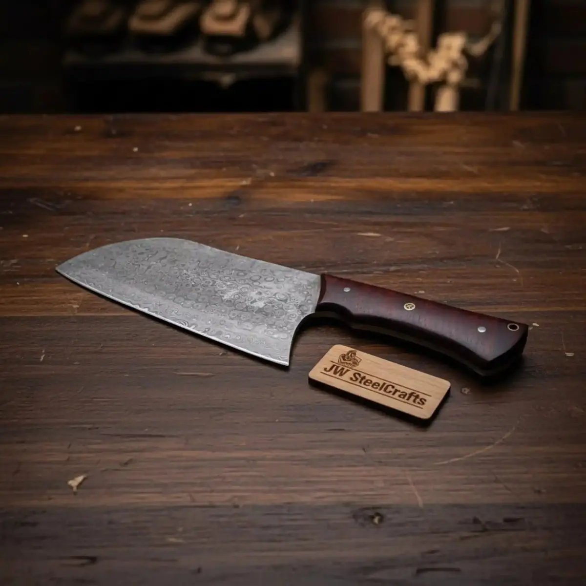 6-Inch Blade Kitchen Knife Cleaver — Textured Damascus Blade With Rosewood Handle (11-Inch Overall, Hand-Forged) 1