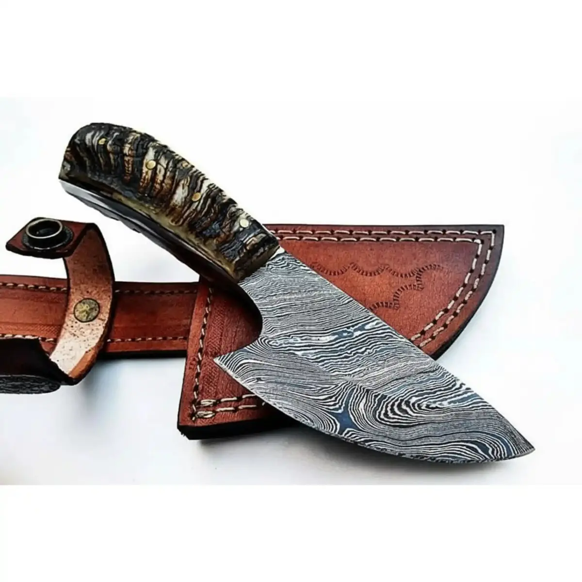 6 Inch Damascus Steel Skinner Knife With Ram Horn Handle And Leather Sheath 1