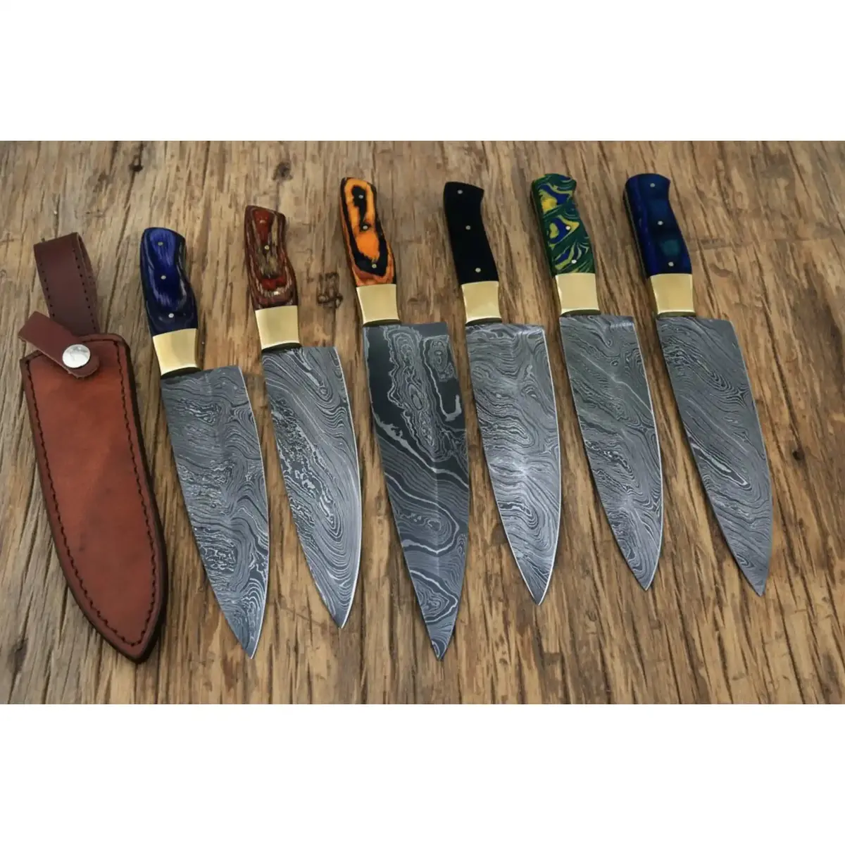 6 Piece Damascus Chef Knife Set, Hand Forged Kitchen Knives With Brass Bolsters, Full Tang Blades, Leather Sheaths Included 1