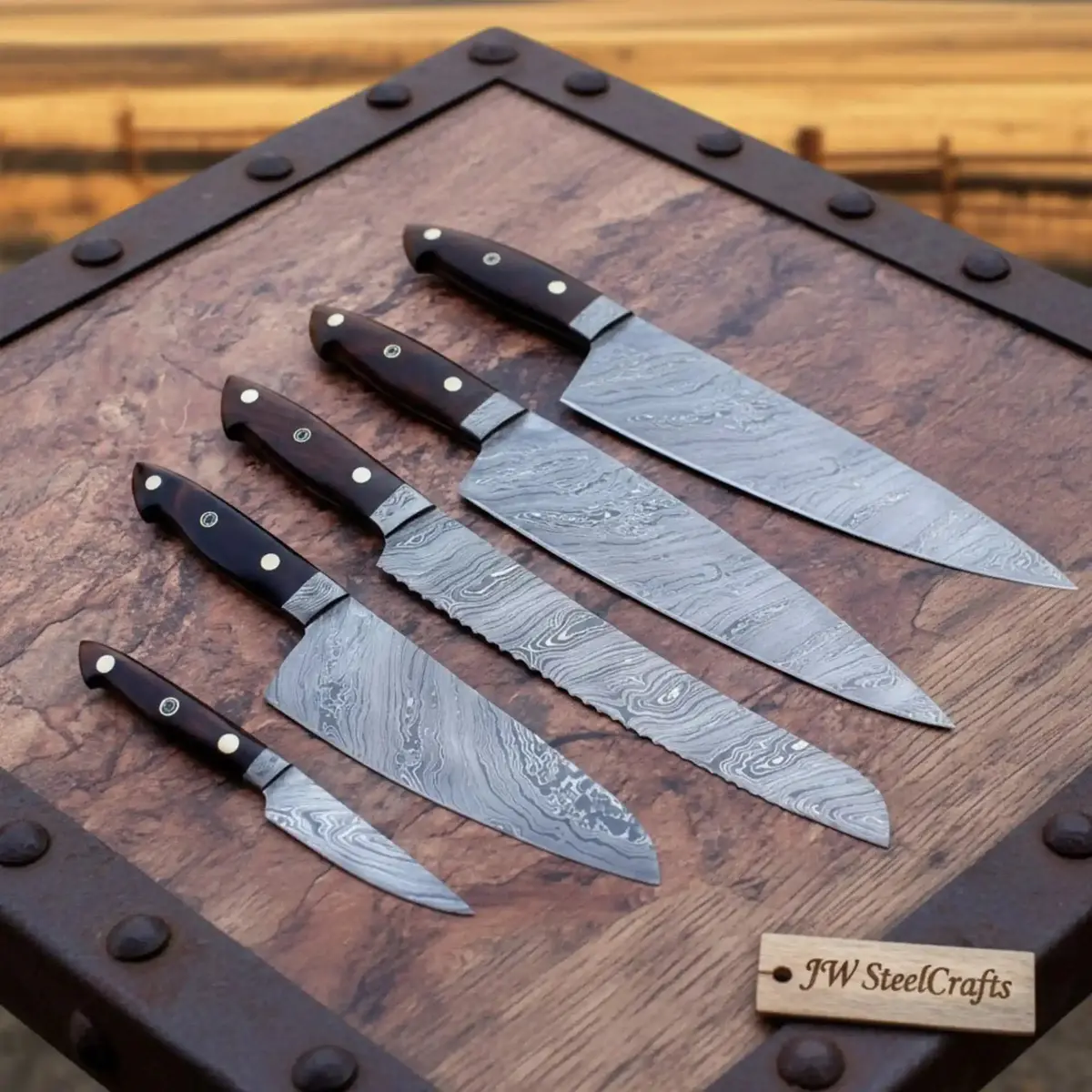 Handmade Damascus Chef Knife Set With Rosewood Handles, Full Tang Steel, Professional Kitchen Knives Collection With Chef Bread Santoku And Paring Blades 1