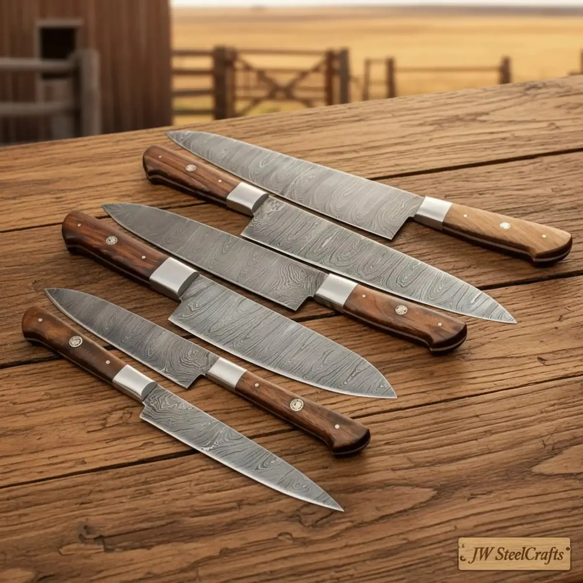 Damascus Kitchen Knife Set, 6 Piece, Handmade Steel Blades, Rose Wood Handles, Jw Steelcrafts 1