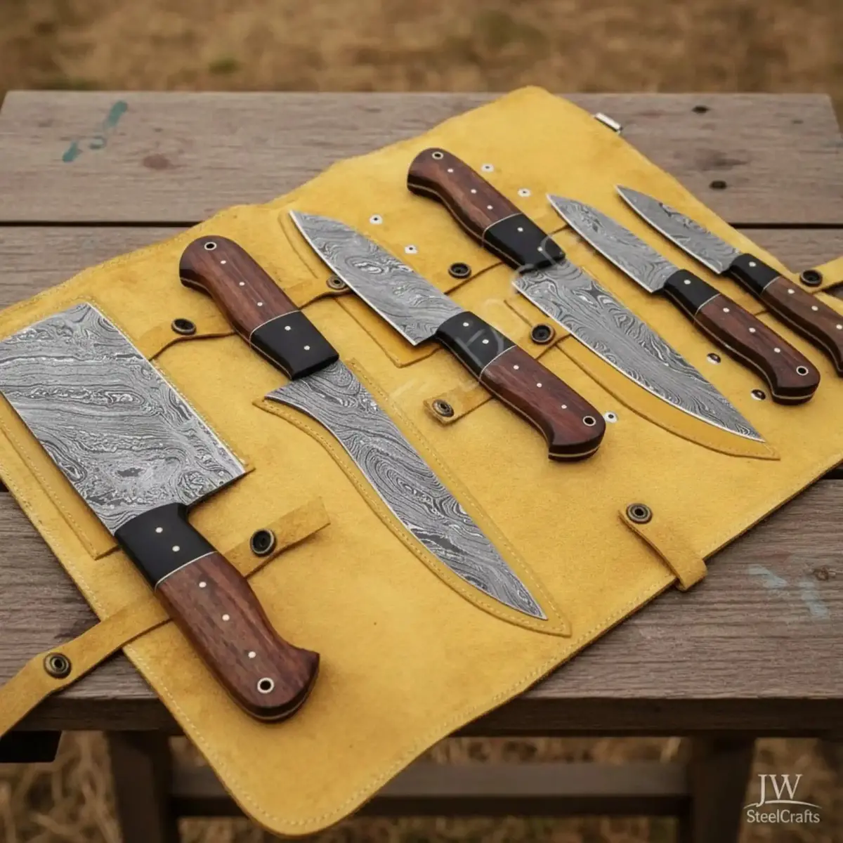 6-Piece Damascus Kitchen Set: Cleaver, Chef, Utility & Skinner Blades With Rosewood Handles 1