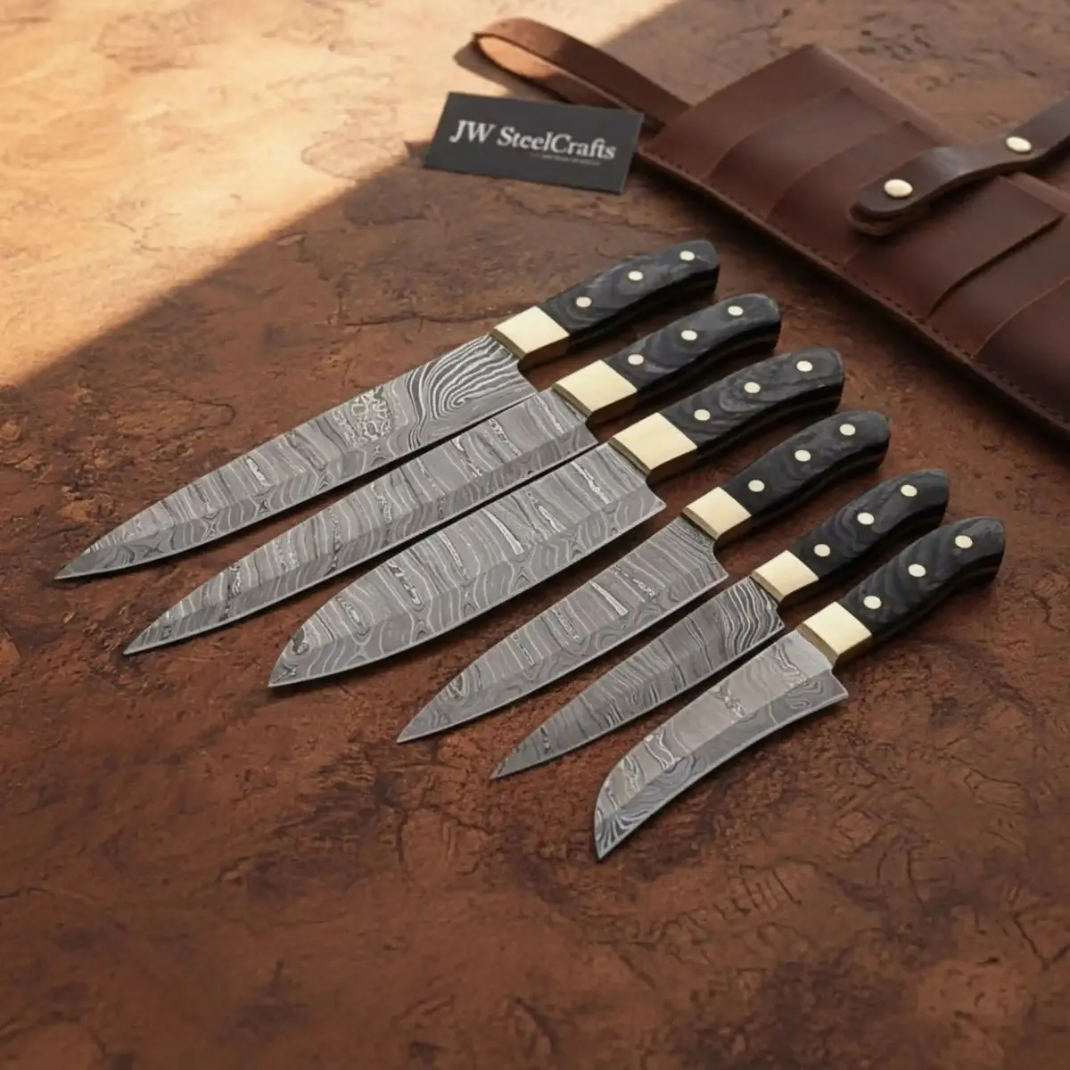 Handmade Damascus Knife Set, Chef Santoku Paring Knives, Pakka Wood Cutlery 1