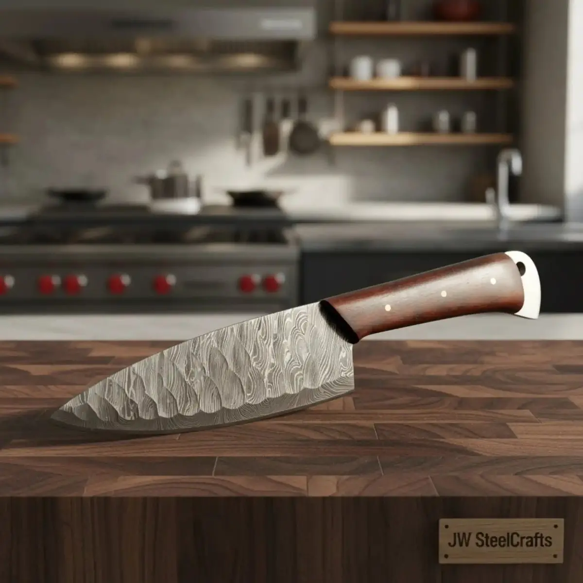 7-Inch Chef Knife — Hammered Pattern Damascus Blade With Rosewood Handle (12-Inch Overall, Hand-Forged) 1