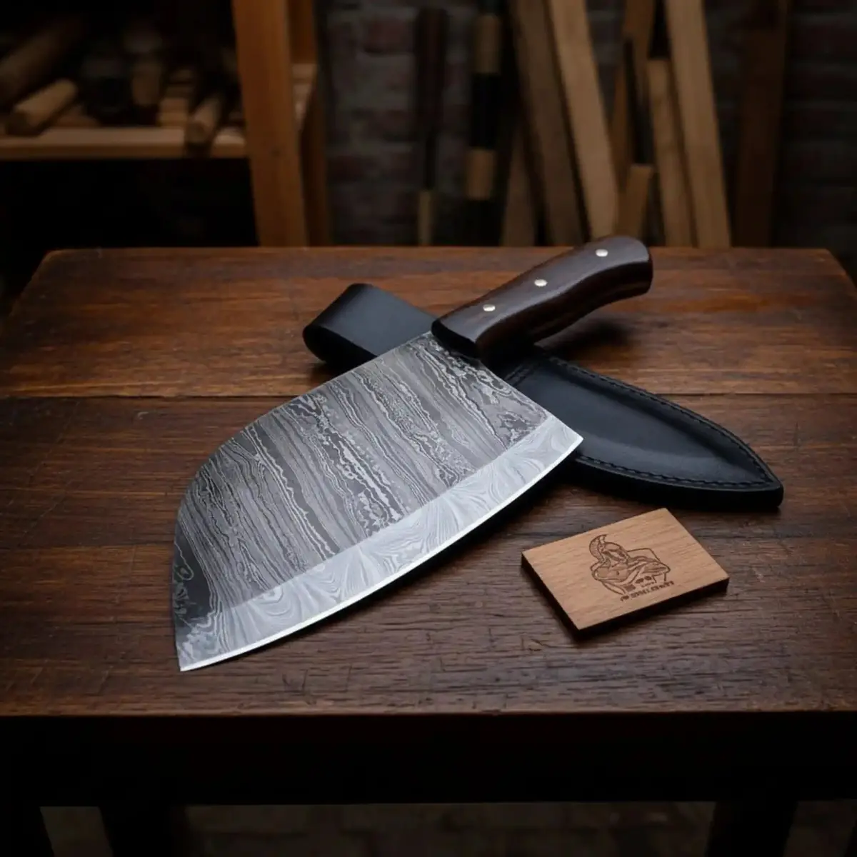 Hand-Forged 7-Inch Damascus Cleaver Knife With Rosewood Handle (12-Inch Overall) 1