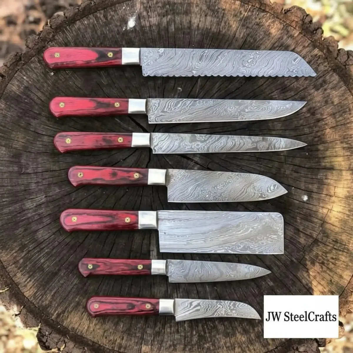 Handmade Damascus Kitchen Knife Set With Red Pakka Wood Handles | Complete 7-Piece Collection 1