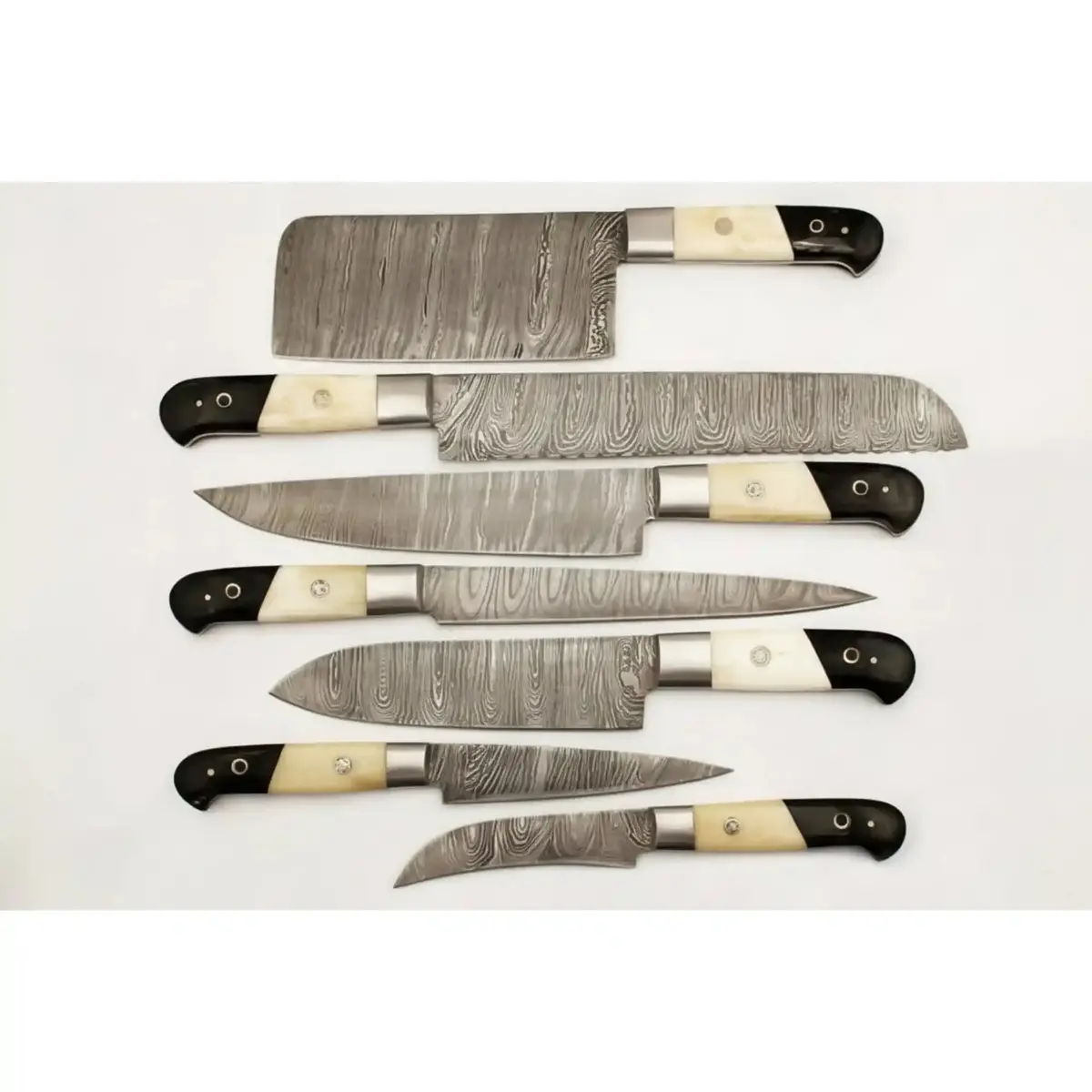 7 Piece Damascus Kitchen Knife Set, Hand Forged Chef Knives With White Bone And Black Resin Handles, Full Tang Professional Cooking Set 1