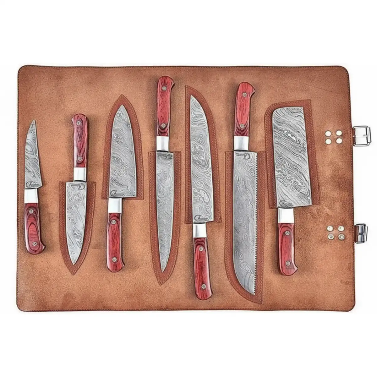 7-Piece Damascus Kitchen Knife Set - Complete Essential Blade Collection With Leather Roll 1