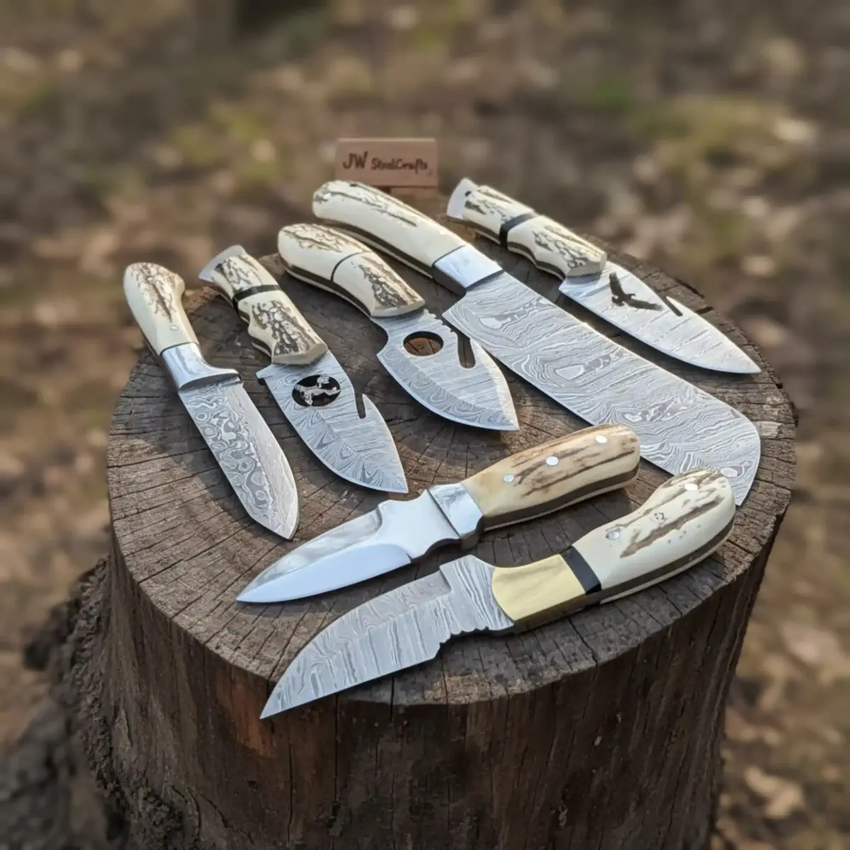 7 Piece Damascus Steel Knife Set With Synthetic Antler Handles 1