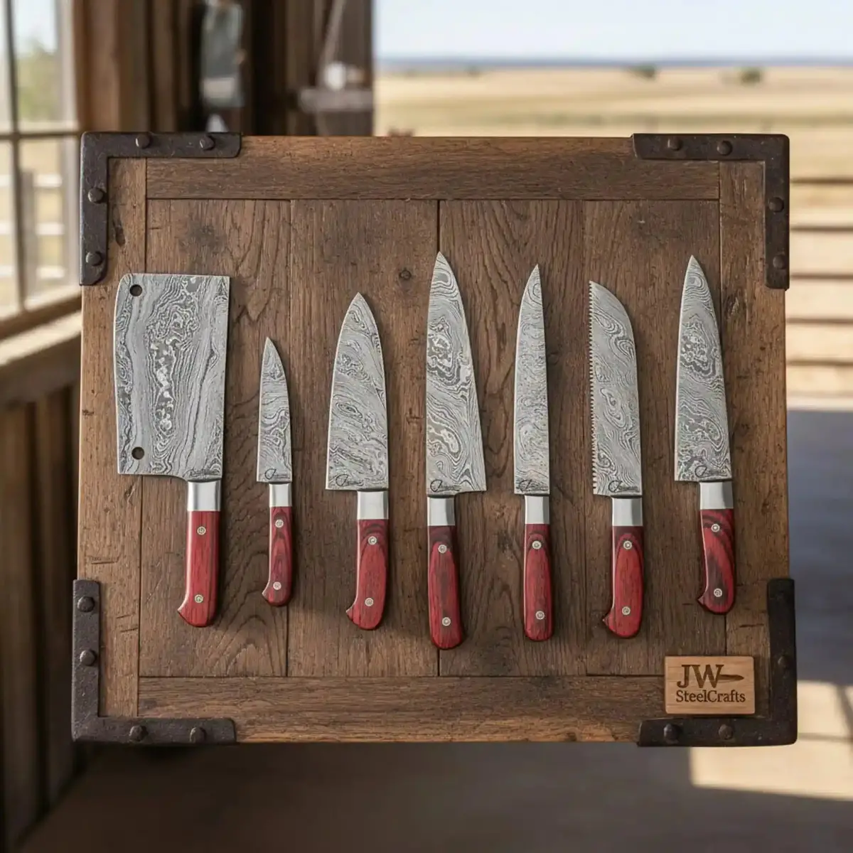 Hand Forged Damascus 7-Piece Kitchen Knife Set With Red Wood Handles 1
