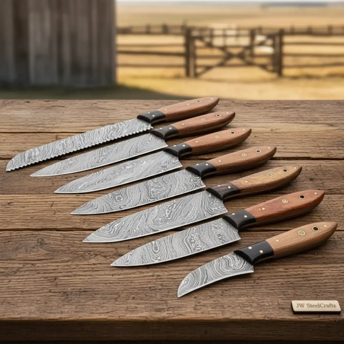 7-Piece Damascus Kitchen Knife Set With Pakka Wood Handles By Jw Steelcrafts 2