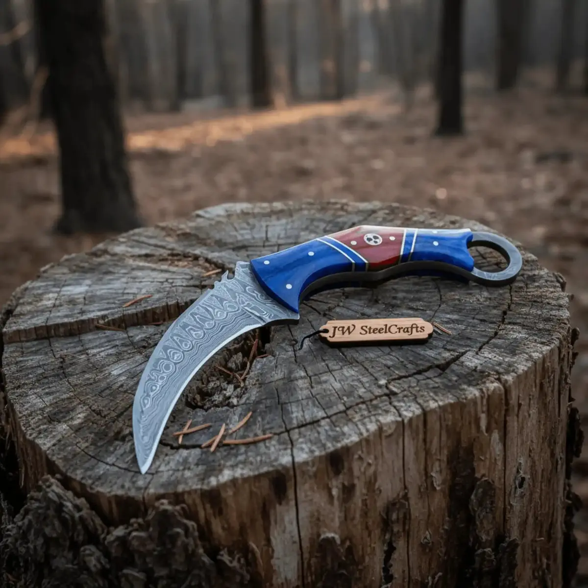 8" Damascus Karambit Knife Blue Wood Handle Hunting Knife With Sheath 1