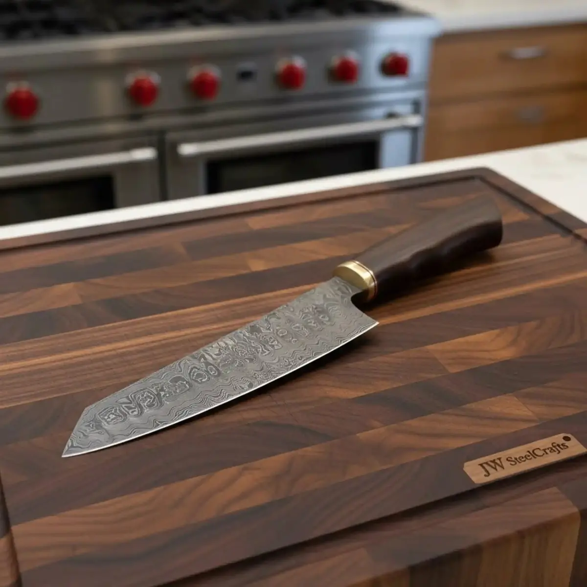 8” Gyuto Chef Knife — Ladder Pattern Damascus, Rosewood Handle & Brass Bolster 1