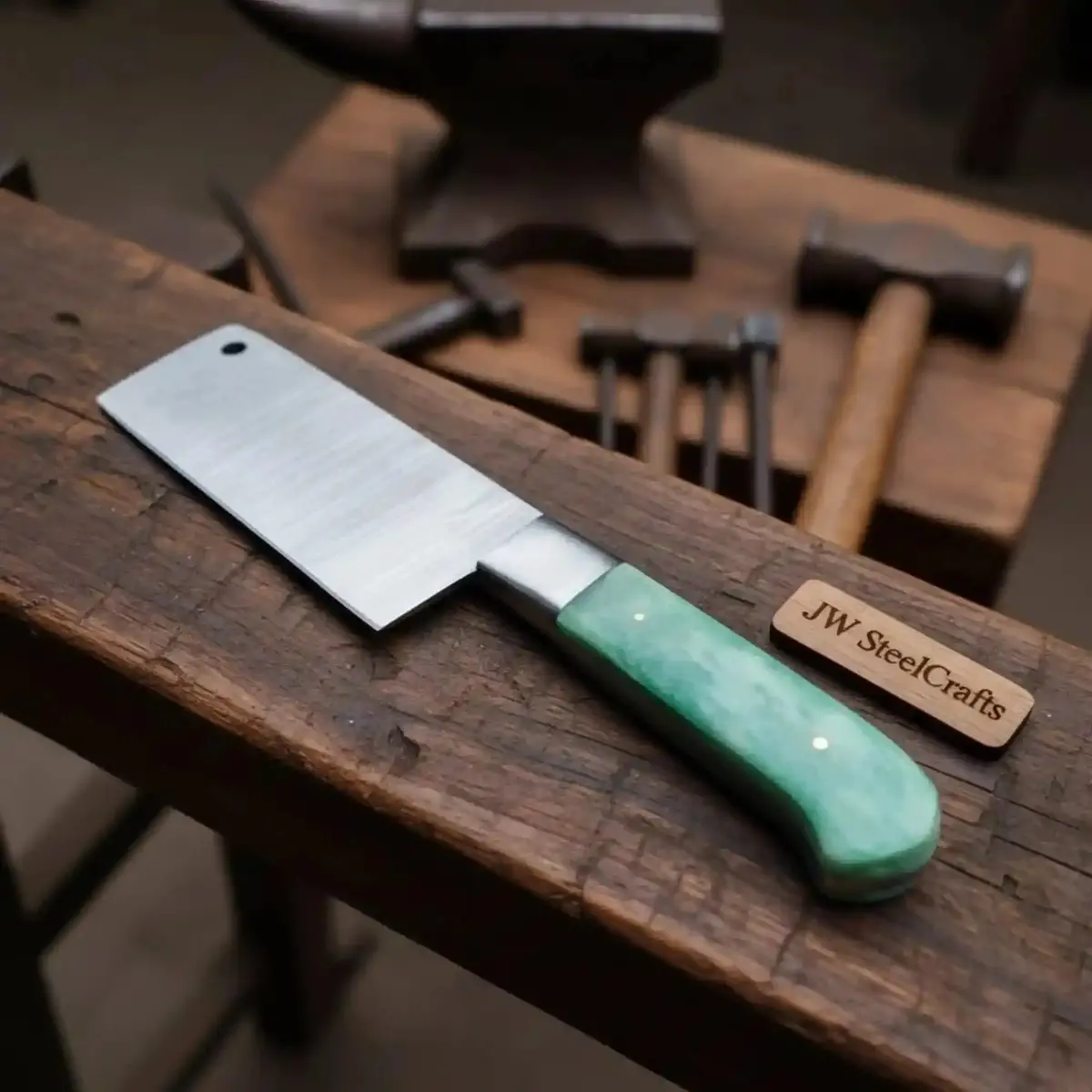 Chinese-Style Vegetable Cleaver With Damascus Blade And Green Bone Handle By Jw Steelcrafts 1