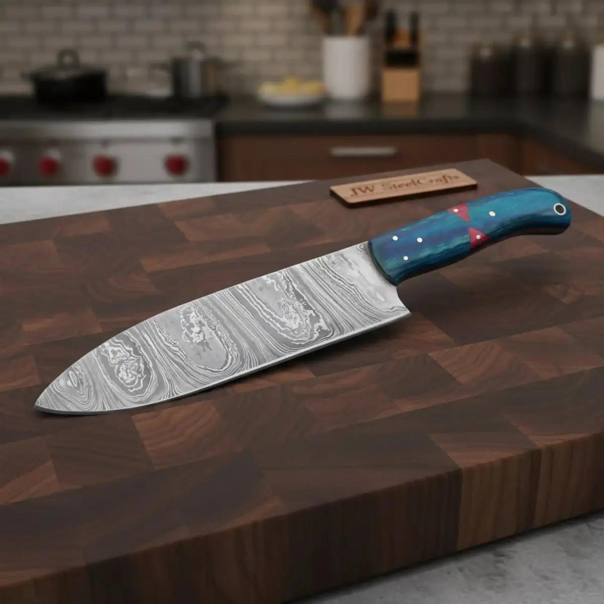 8-Inch Gyuto Chef Knife — Twisted Damascus Blade With Blue & Red Pakka Wood Handle (Full Tang, Hand-Forged) 1