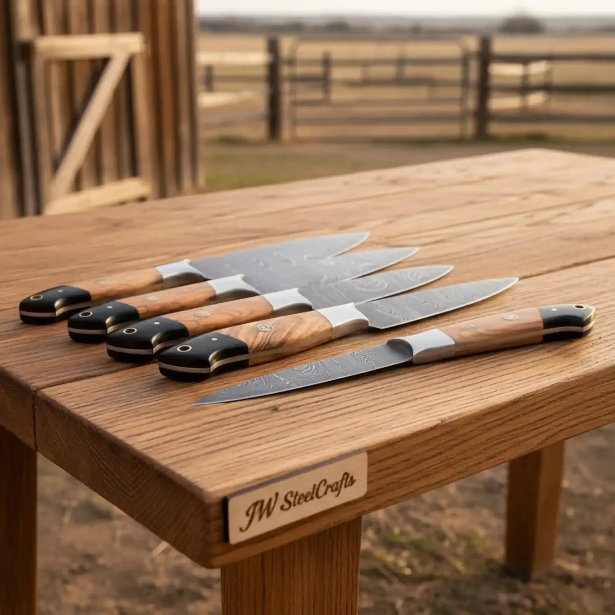 8-Piece Damascus Fillet & Precision Utility Knife Set — Olive Wood/Black Pakka Handles, Steel Bolsters, Full Tang 1