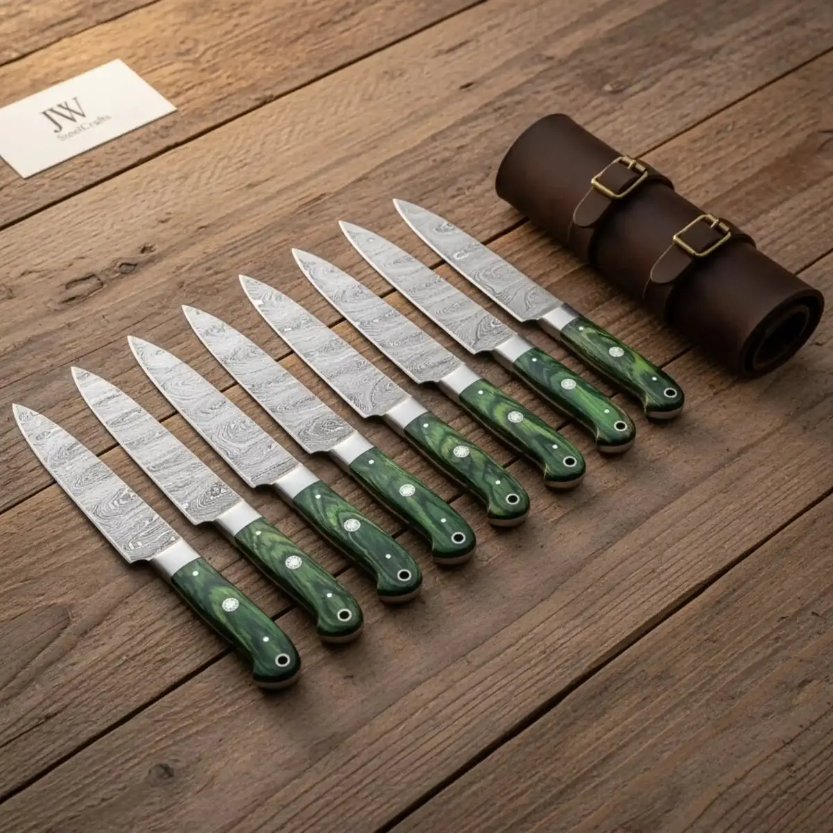 Damascus Steak Knife Set, Full Tang Serrated Knives, Green Pakka Wood Handle, Precision Slicing 1
